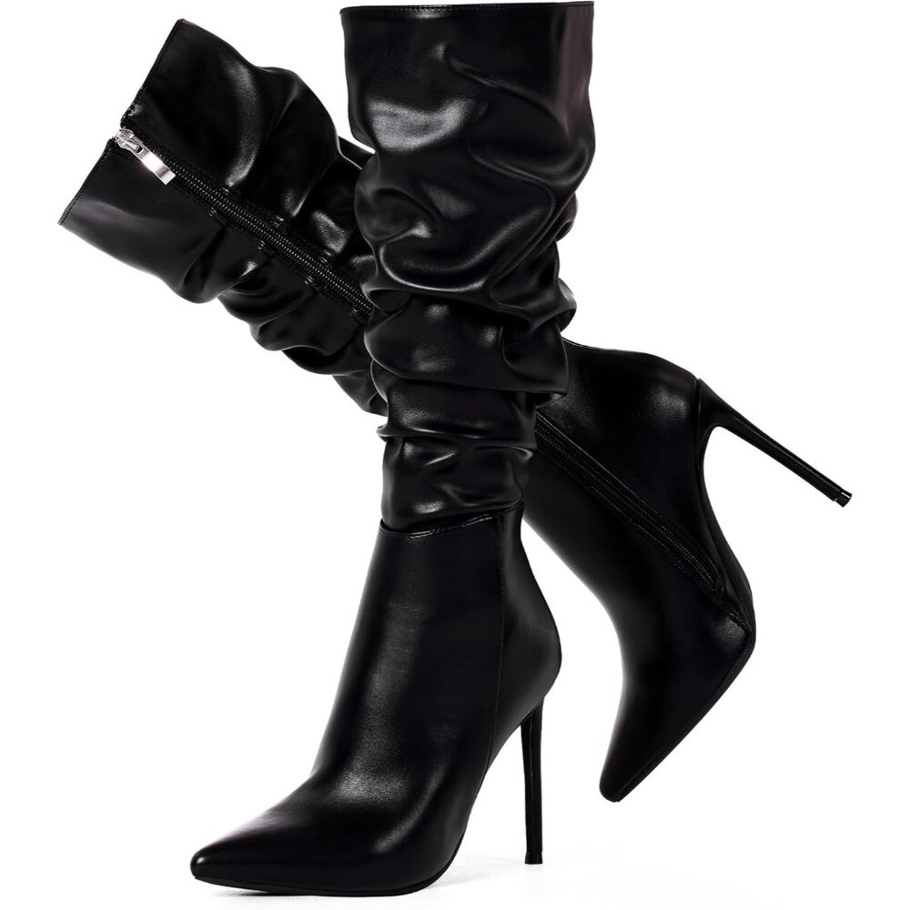 Women's Black-Pu Suede Knee High Side Zipper Pointed Toe Stylish Dress Boot - Picture 5 of 6